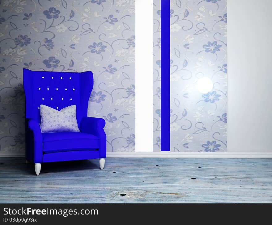 Interior design scene with a nice blue armchair on the floral background