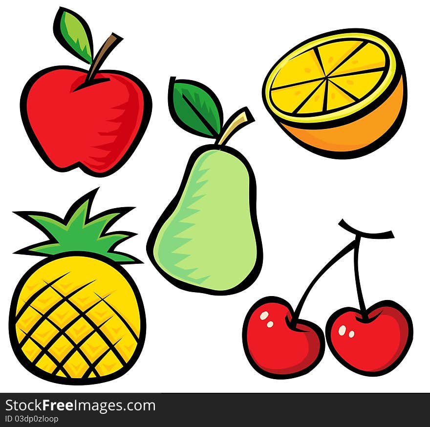 A set of frutis clip art with five items including apple, orange, pear, pineapple and cherry.