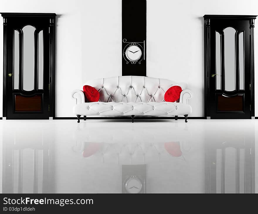 Interior design scene with the black classic doors and a white sofa