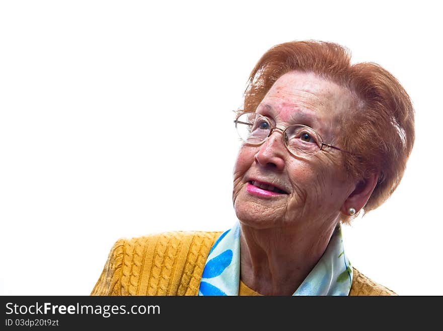 A retired woman smiling isolated