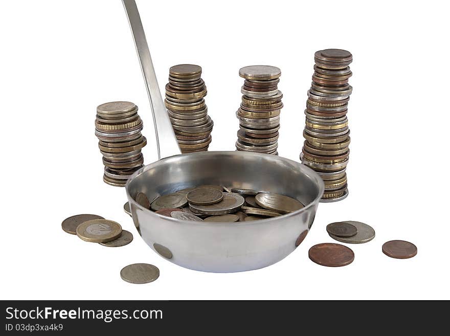 Isolated towers of coins with ware. Isolated towers of coins with ware