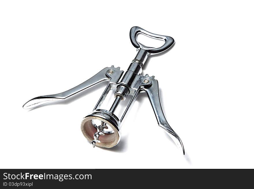 An Stainless corkscrew isolated on white background with bottle opener