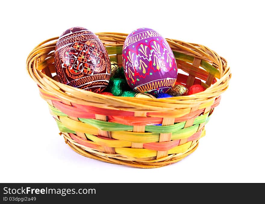 Painted eggs in a basket. Painted eggs in a basket.