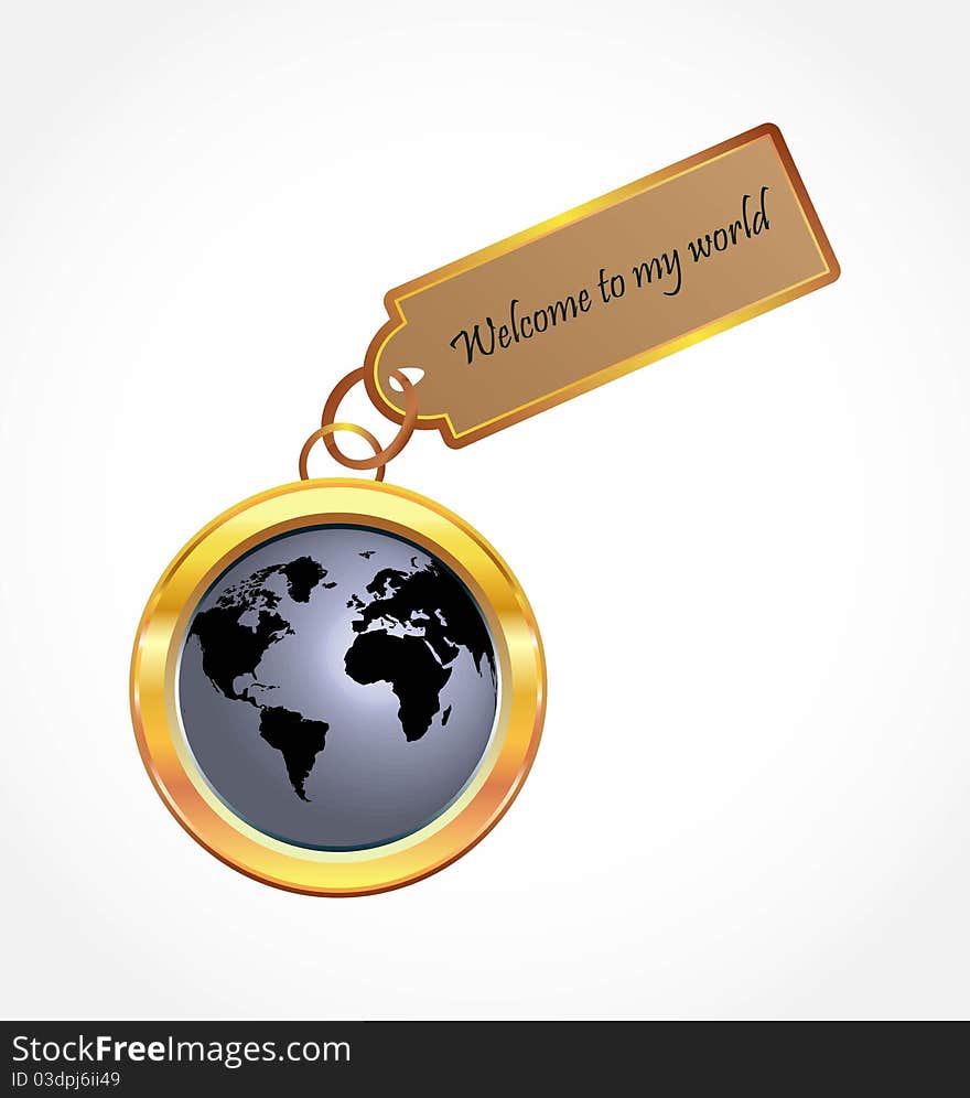 Gold button with world map and welcome tag. Gold button with world map and welcome tag