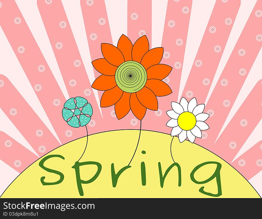 Cute flowers on a pink background with the word spring. Cute flowers on a pink background with the word spring.