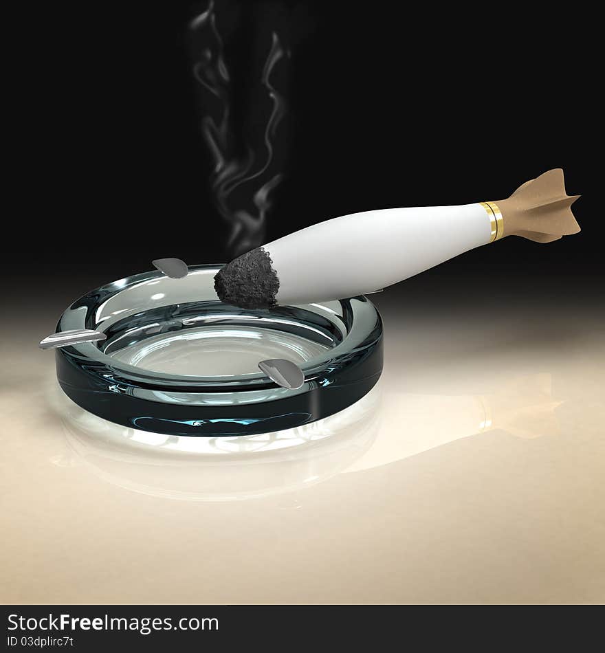 Cigarette with ashes and smoke in ashtray represented as bomb in dark atmosphere. Cigarette with ashes and smoke in ashtray represented as bomb in dark atmosphere