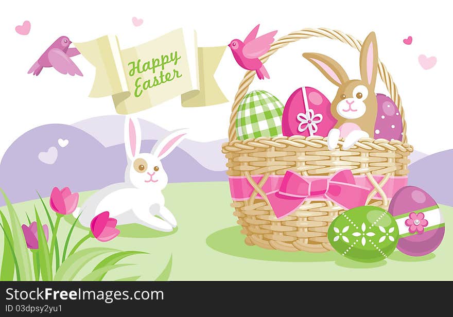 Easter illustration with colored eggs and cute bunnies on spring background