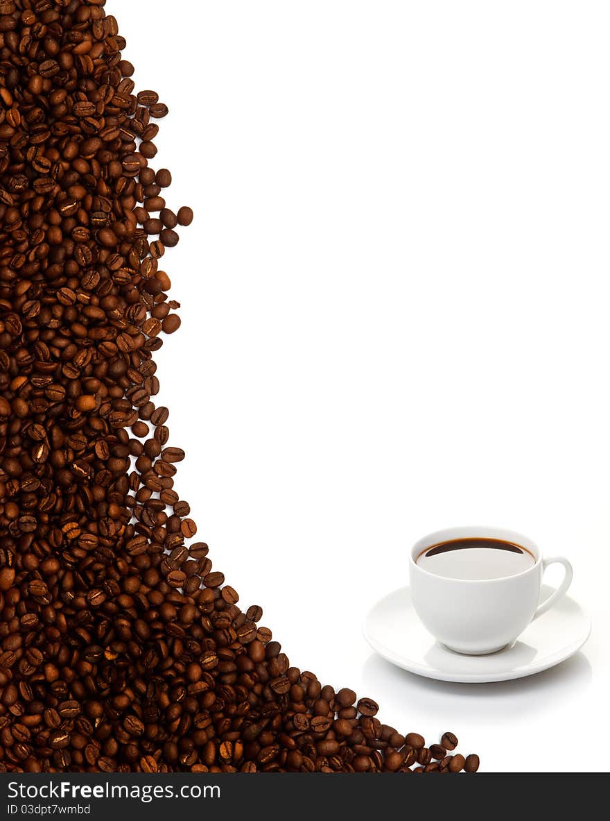 Coffee cup and grain on a white background