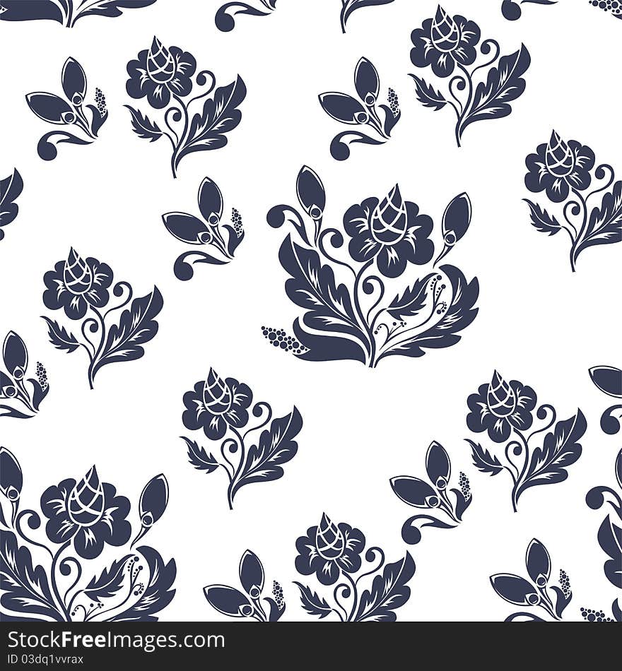 Seamless white background with randomly placed dark blue plants. Seamless white background with randomly placed dark blue plants