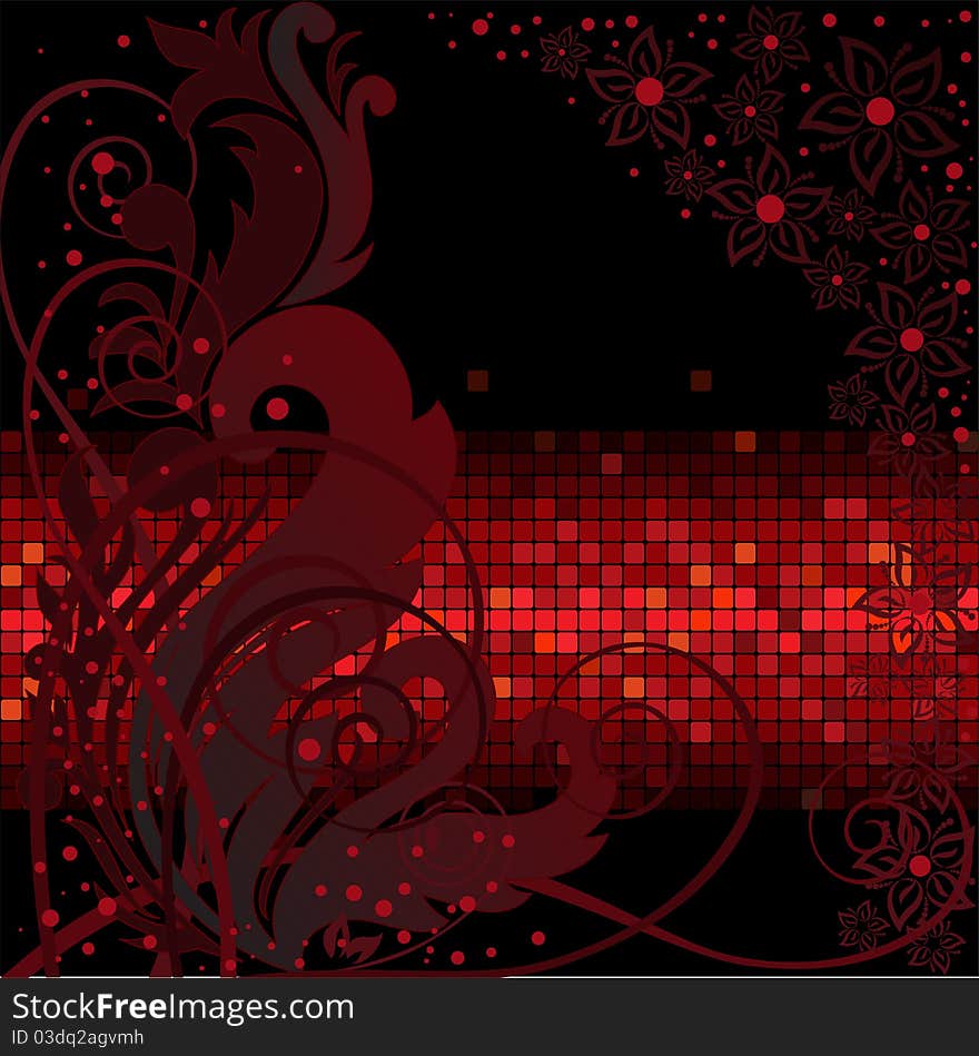 Dark background with floral composition on the red band. Dark background with floral composition on the red band