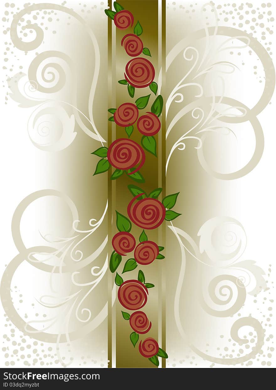 Red roses on a vertical strip with swirls. Red roses on a vertical strip with swirls