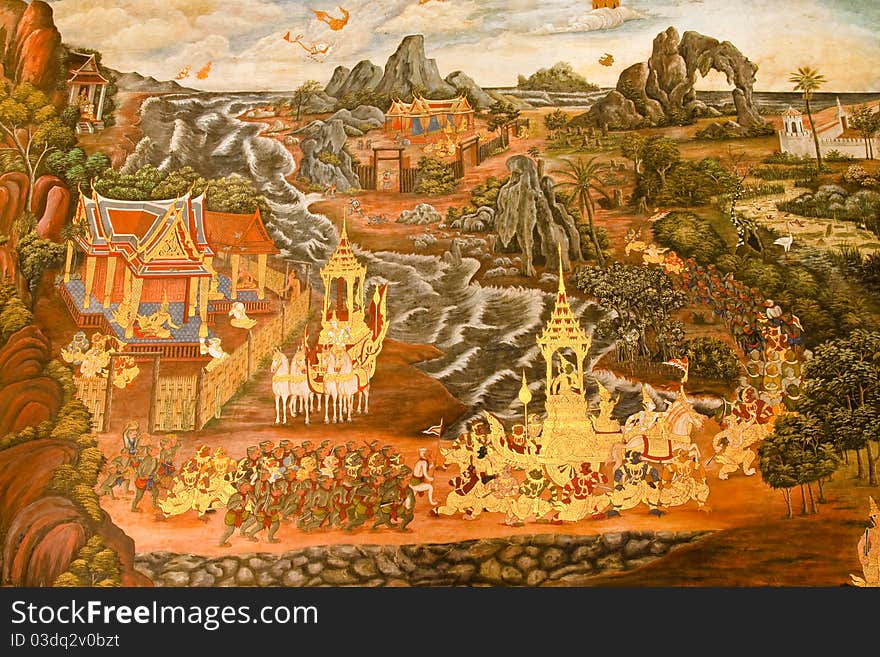 Masterpiece of traditional Thai style painting art on temple wall at Watphrakaew, Bangkok,Thailand