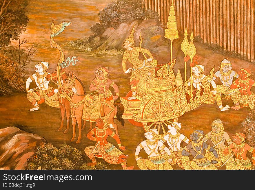 Masterpiece of traditional Thai style painting art on temple wall at Watphrakaew, Bangkok,Thailand