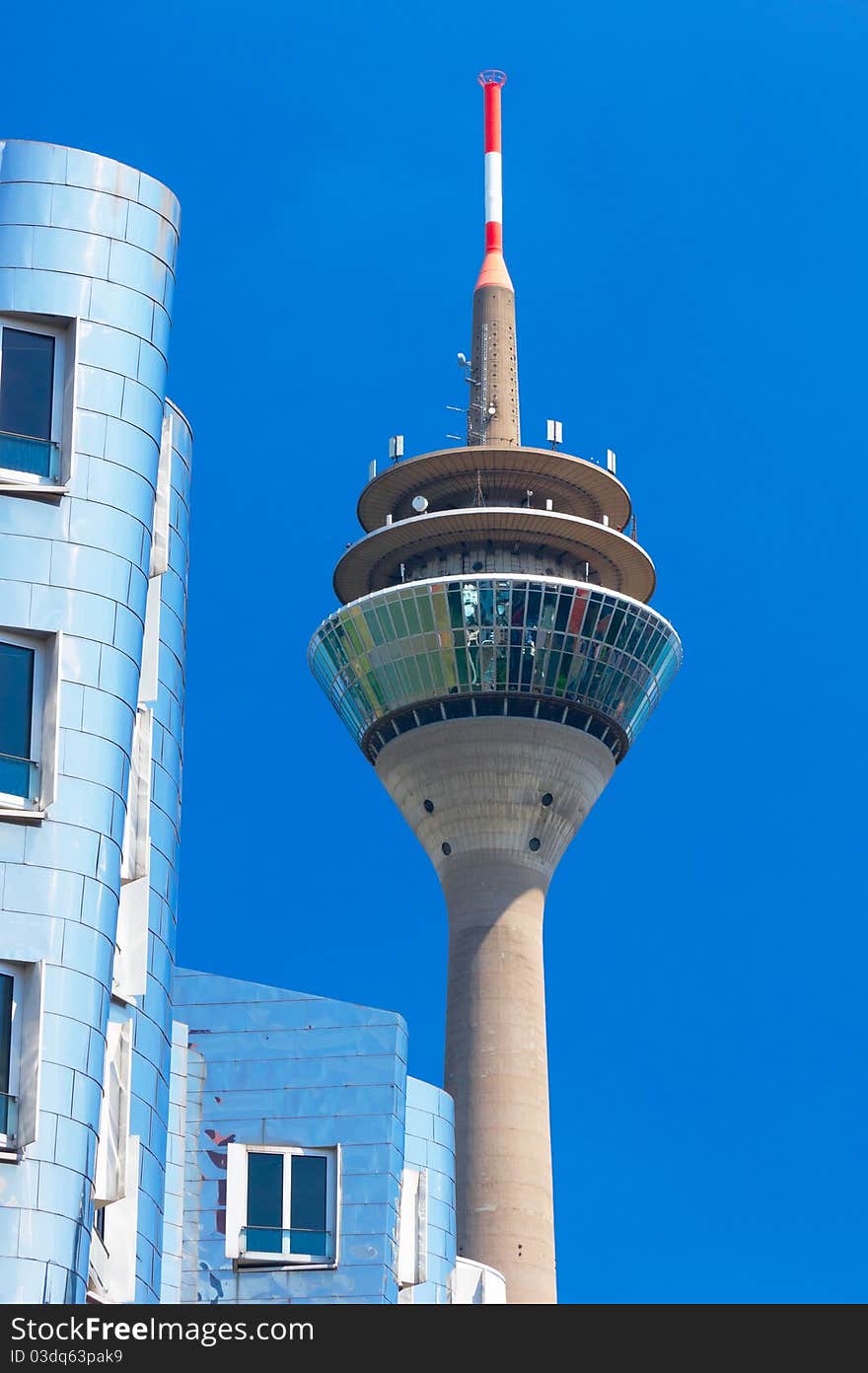 Rheinturm tower Dusseldorf on the sky background. Germany