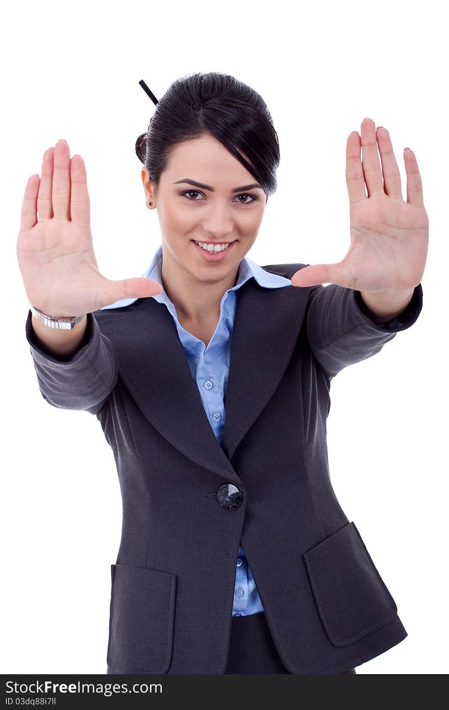 Business woman showing framing hand gesture - isolated on white