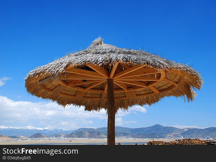 The awning with straw and wood