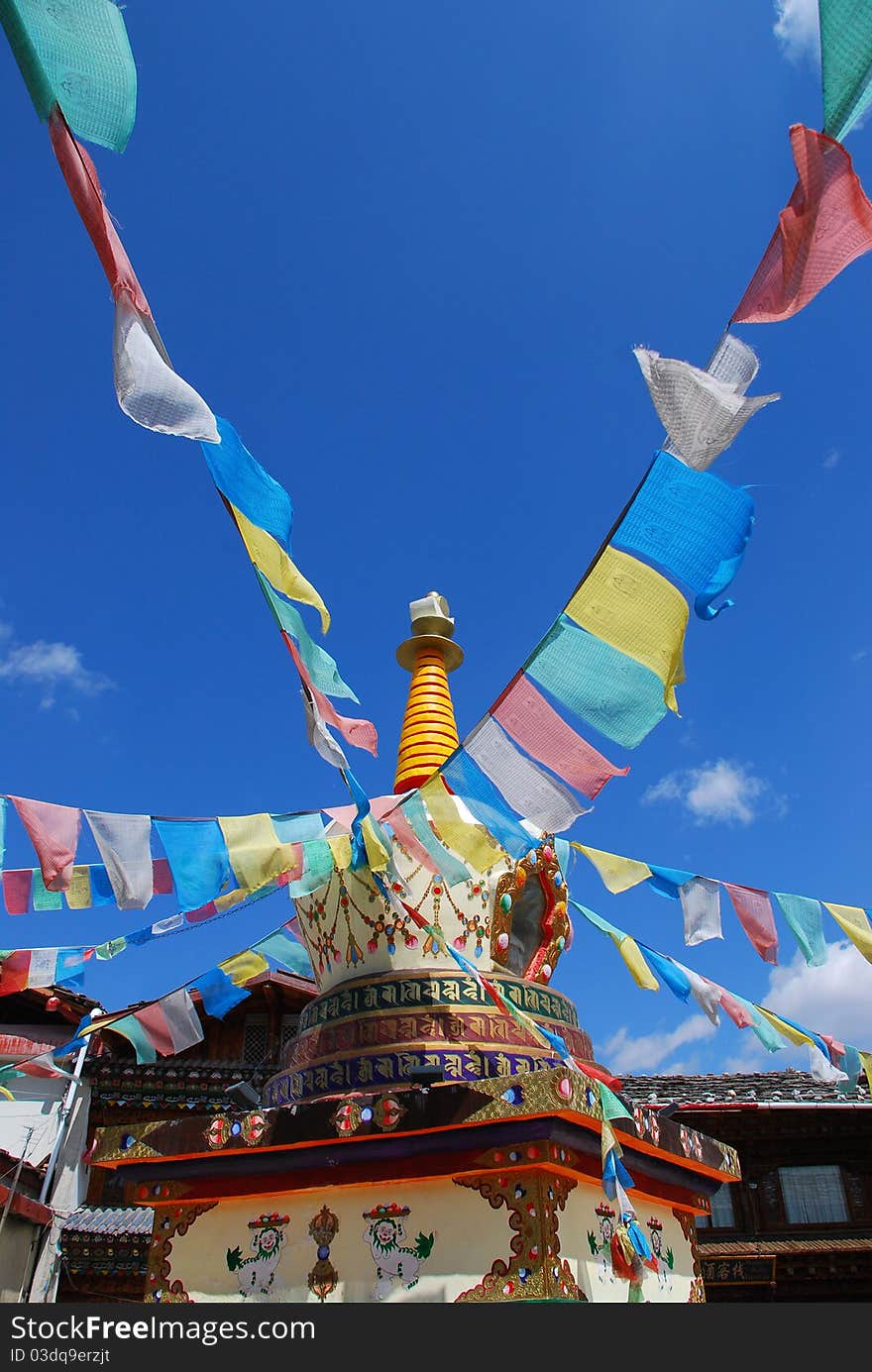 The tower of Tibetan prayer flags in shangri-la