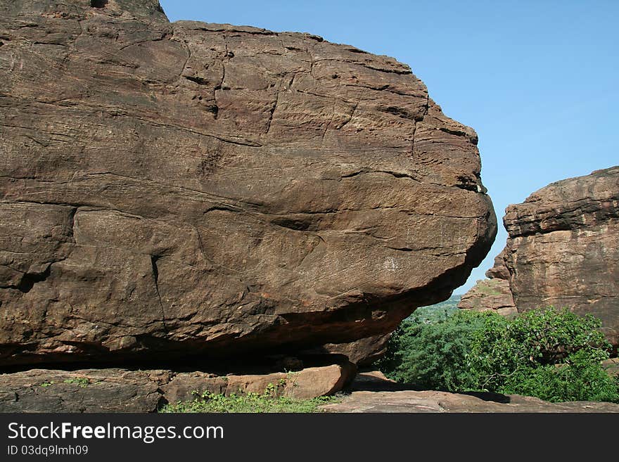 Nose of a rock astonishingly matching with shape of distant rock hill on northern hill at Badami, Karnataka, India, Asia. Nose of a rock astonishingly matching with shape of distant rock hill on northern hill at Badami, Karnataka, India, Asia