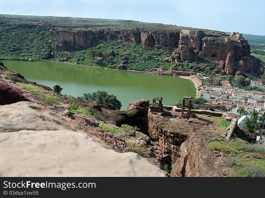 Mountain surrounding historical Agasthya Teertha Lake at Badami, Karnataka, India, Asia. Mountain surrounding historical Agasthya Teertha Lake at Badami, Karnataka, India, Asia