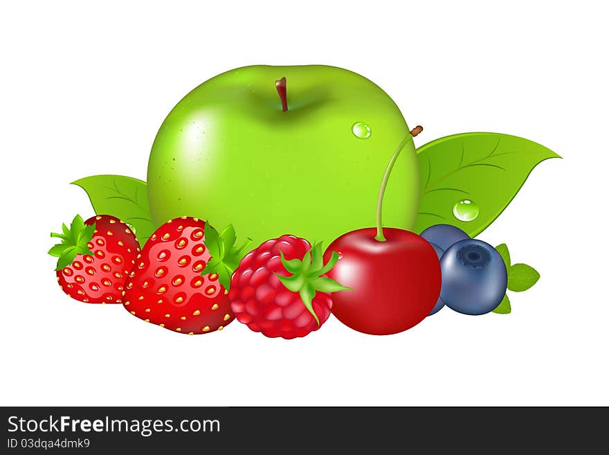 Fruit And Berries, Isolated On White Background, Vector Illustration