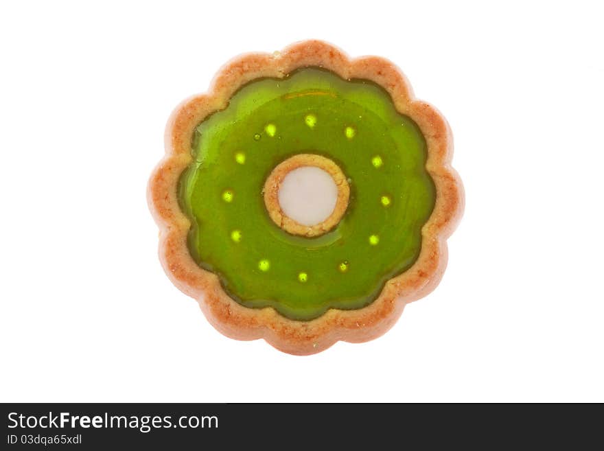 Close up shot of green cookie isolated on white