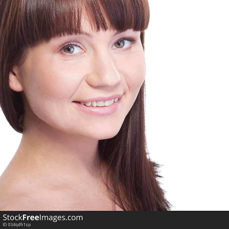 Portrait of beautiful smiling young adult woman with health skin of face isolated on white background. Portrait of beautiful smiling young adult woman with health skin of face isolated on white background