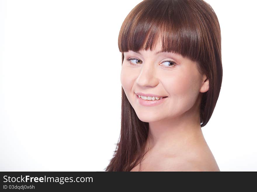 Portrait of beautiful smiling young adult woman with health skin of face isolated on white background. Portrait of beautiful smiling young adult woman with health skin of face isolated on white background