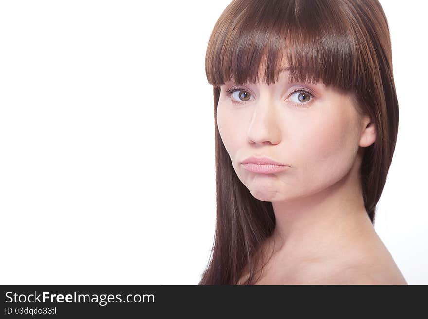 Portrait of beautiful young adult woman with health skin of face isolated on white background. Portrait of beautiful young adult woman with health skin of face isolated on white background