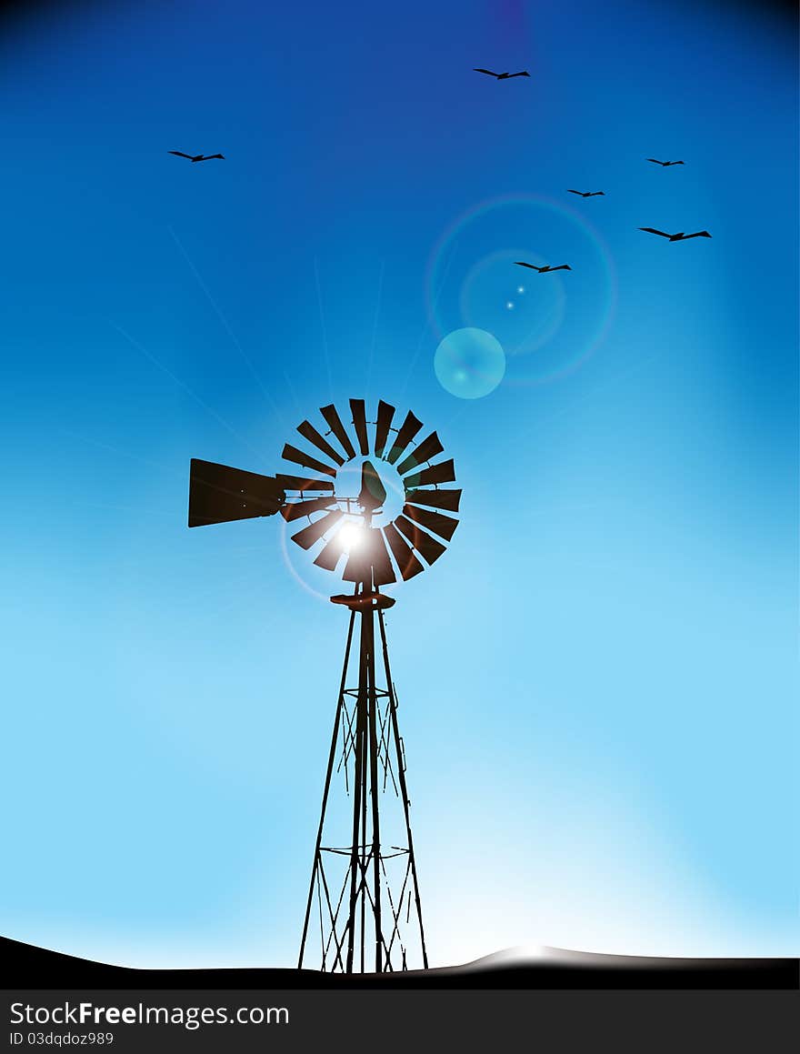 Windmill turbine on nature illustration