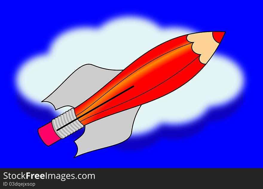 Funny red pencil as flying rocket. Funny red pencil as flying rocket