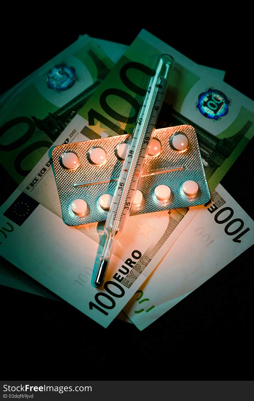 Banknotes with pills blister and thermometer. Banknotes with pills blister and thermometer