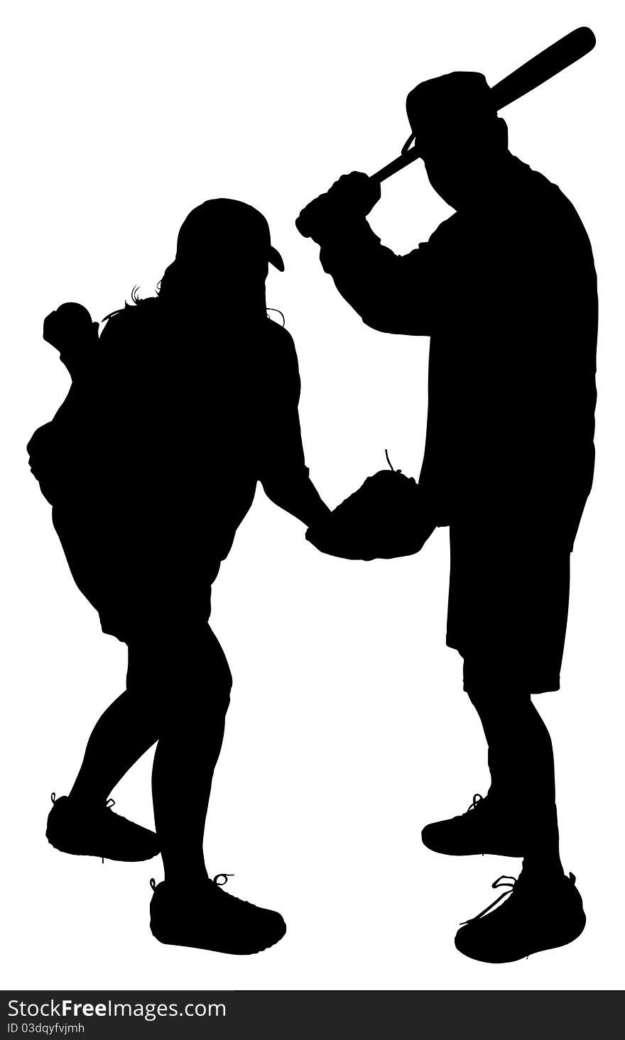 Silhouettes of Adult man, woman, Couple Playing Baseball with Clipping Path. Silhouettes of Adult man, woman, Couple Playing Baseball with Clipping Path