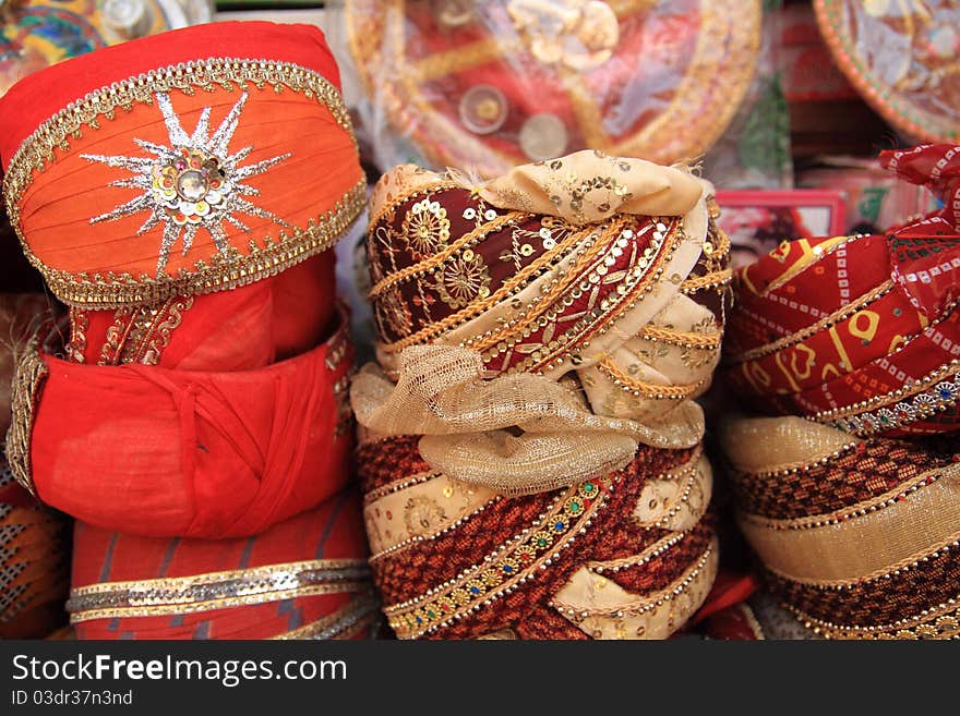 Assortment of turbans outside retail shop. Assortment of turbans outside retail shop