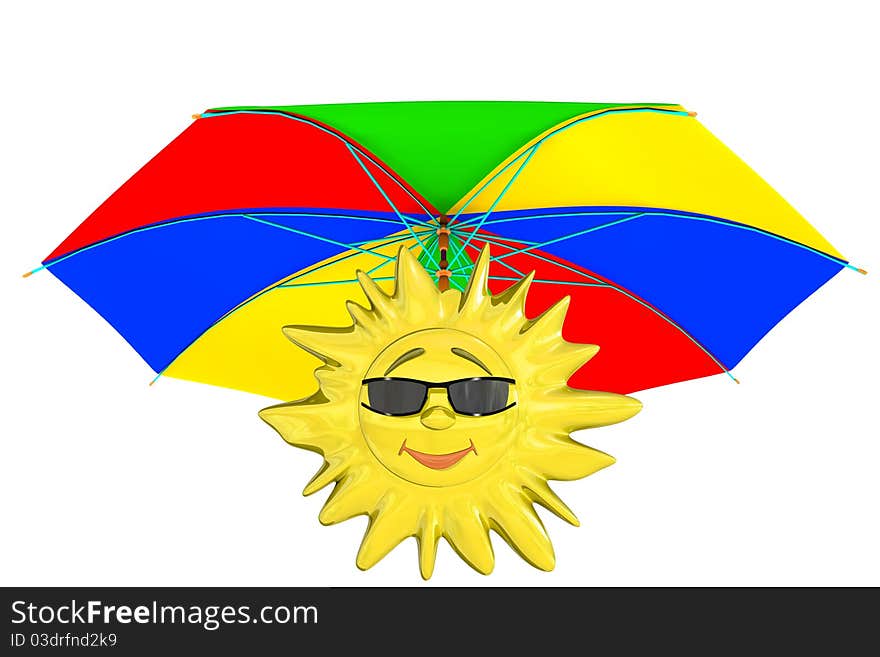 Cartoon sun in glasses with umbrella isolated on white background. Cartoon sun in glasses with umbrella isolated on white background