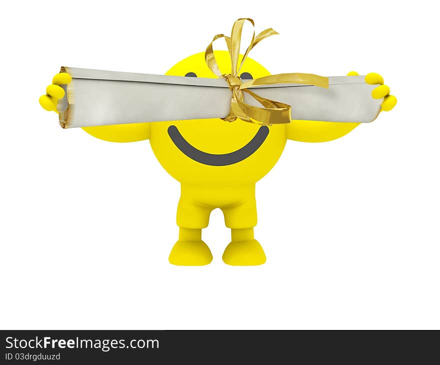 Yellow smiley with diploma isolated on white background. Yellow smiley with diploma isolated on white background