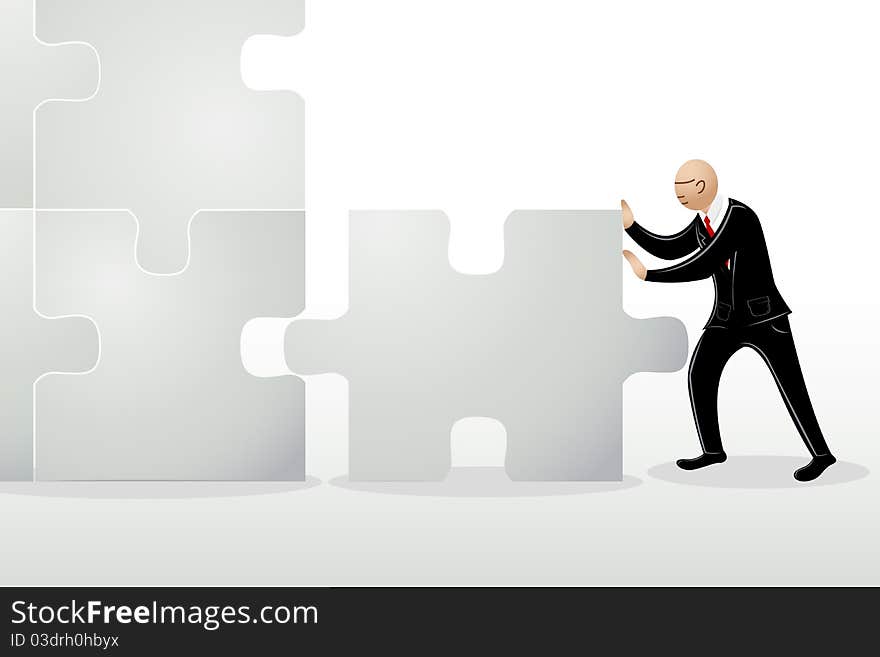 Illustration of  business man pushing jigsaw puzzle to connect