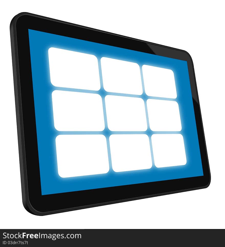 LCD Touch Screen Tablet with 9 empty frames. Including 3 clipping path on tablet (outer, inner blue, inner black) and clipping path for each frames. Isolated on white. XXL size, ultra quality.