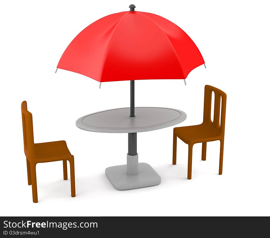 Red umbrella with table and chairs isolated on white