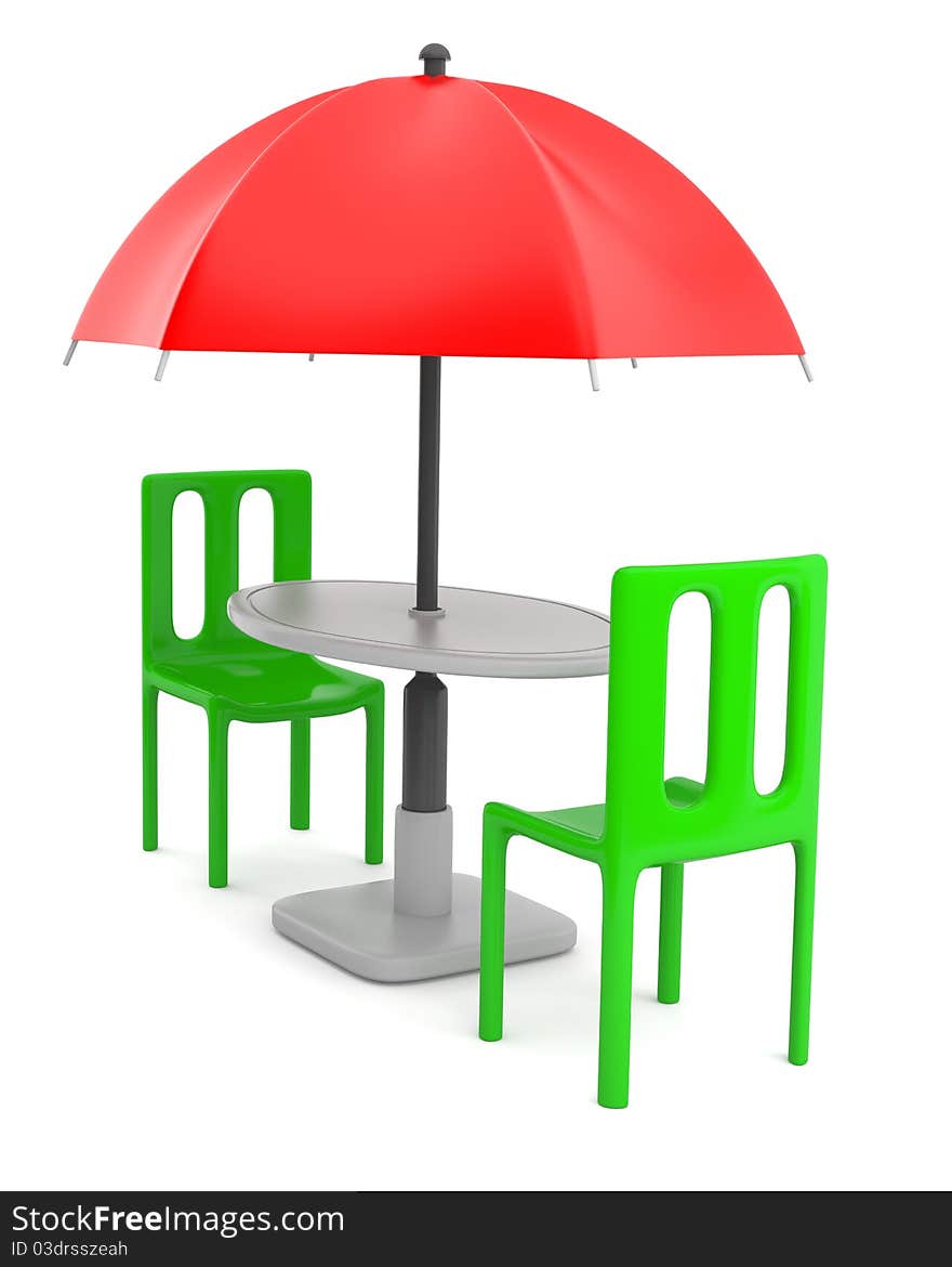 Red umbrella with table and chairs