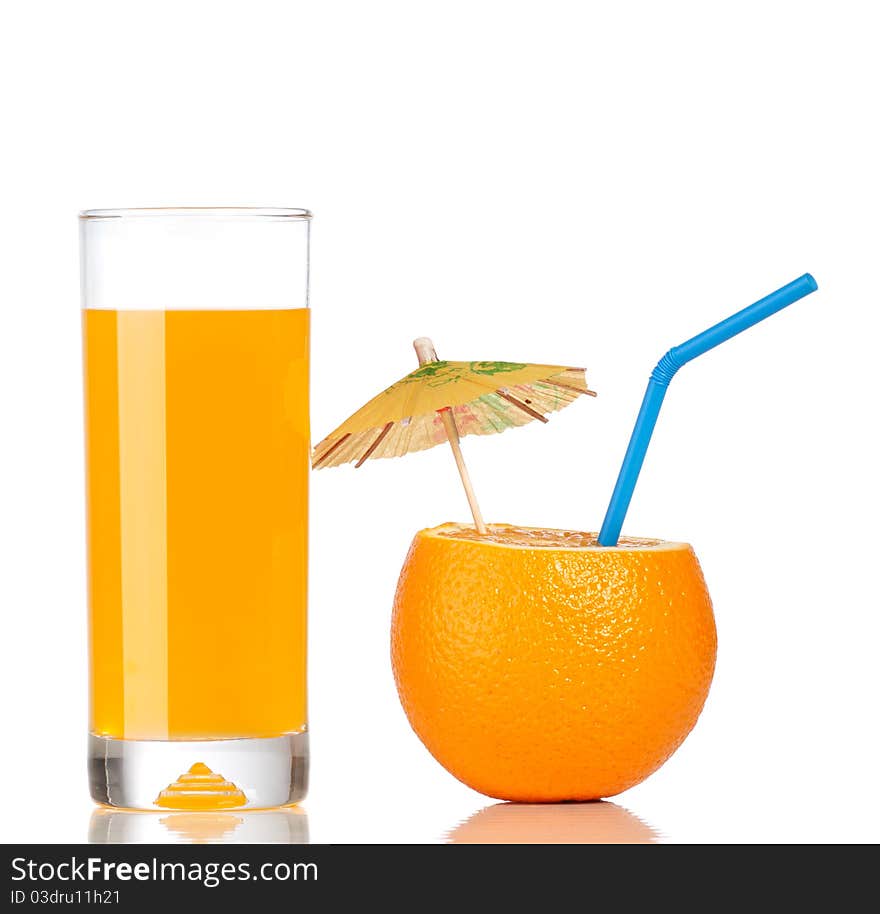 Orange as a drink with a straw and umbrella. Orange as a drink with a straw and umbrella