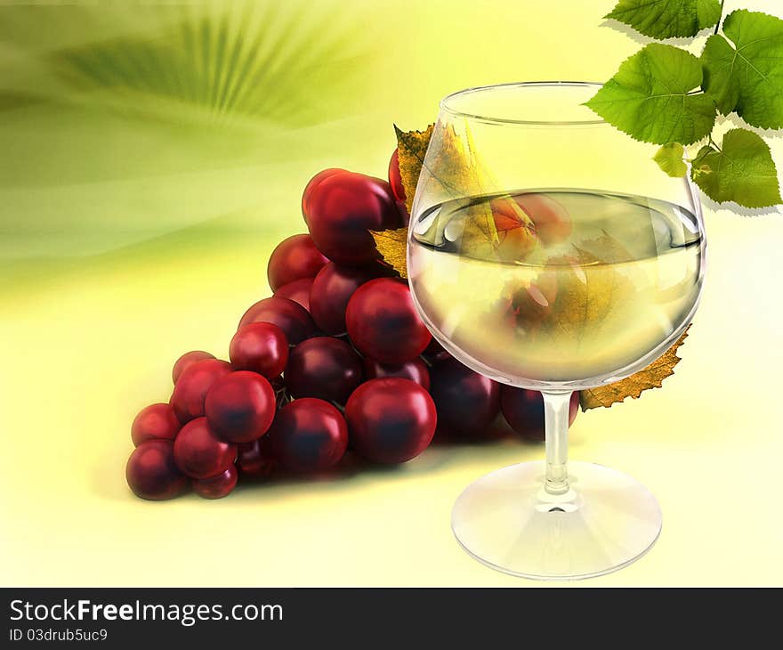 Wineglass and grapes on green background