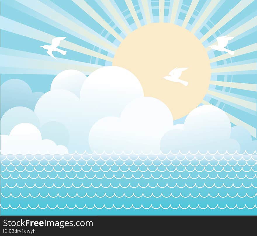 Sun and blue sky with beautifull clouds.Vector image