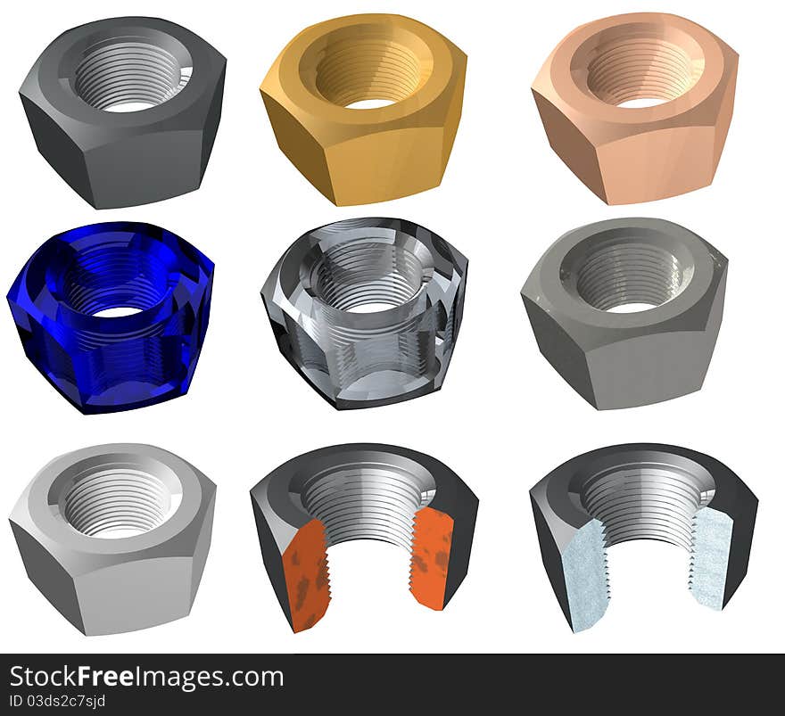 3d model 9 nuts are made of different materials (steel, bronze, copper, white glass, blue glass, chrome, stainless steel, brass, plastic) and nuts in the cut. 3d model 9 nuts are made of different materials (steel, bronze, copper, white glass, blue glass, chrome, stainless steel, brass, plastic) and nuts in the cut.