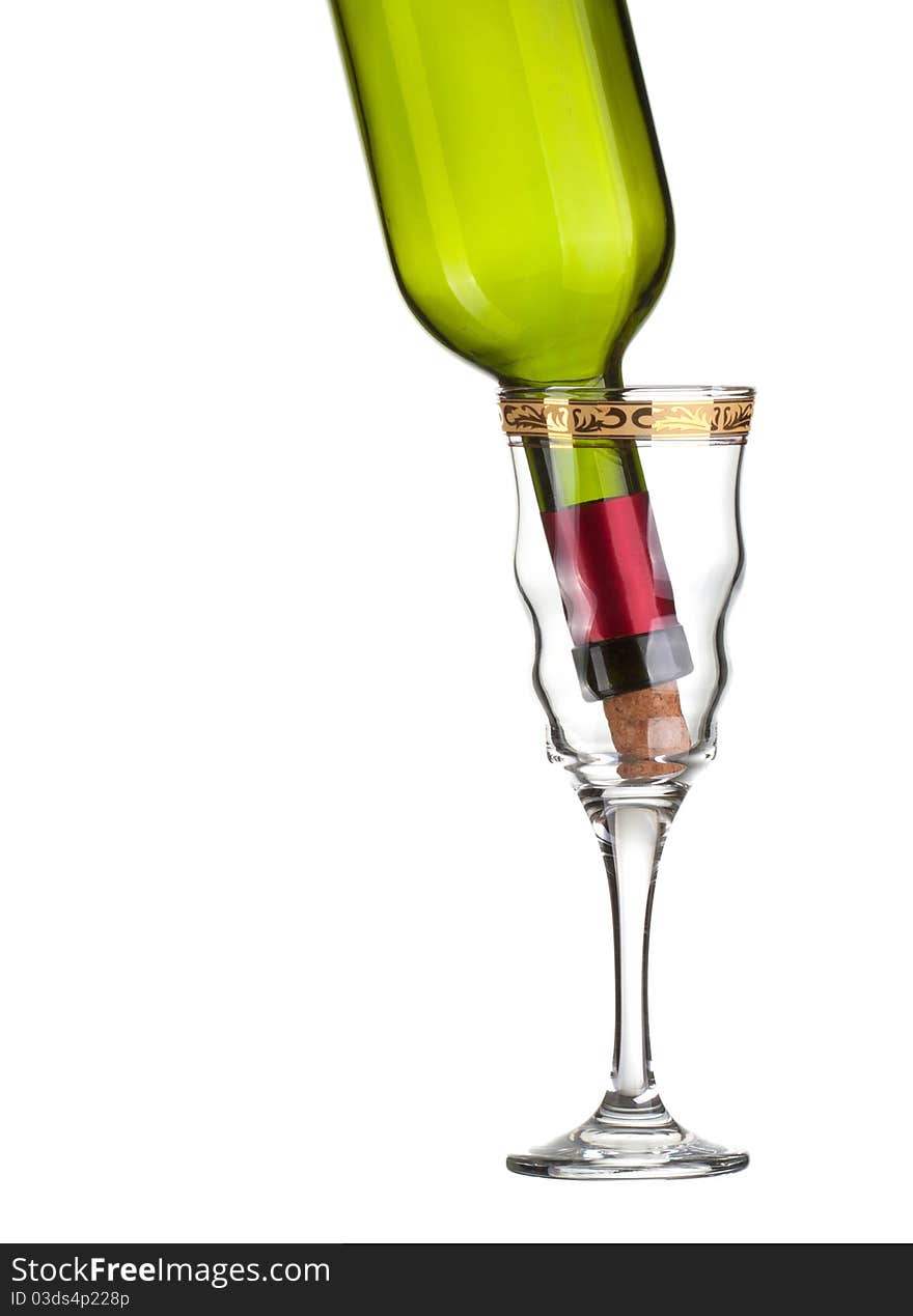 Wine bottle and wineglass on a white background