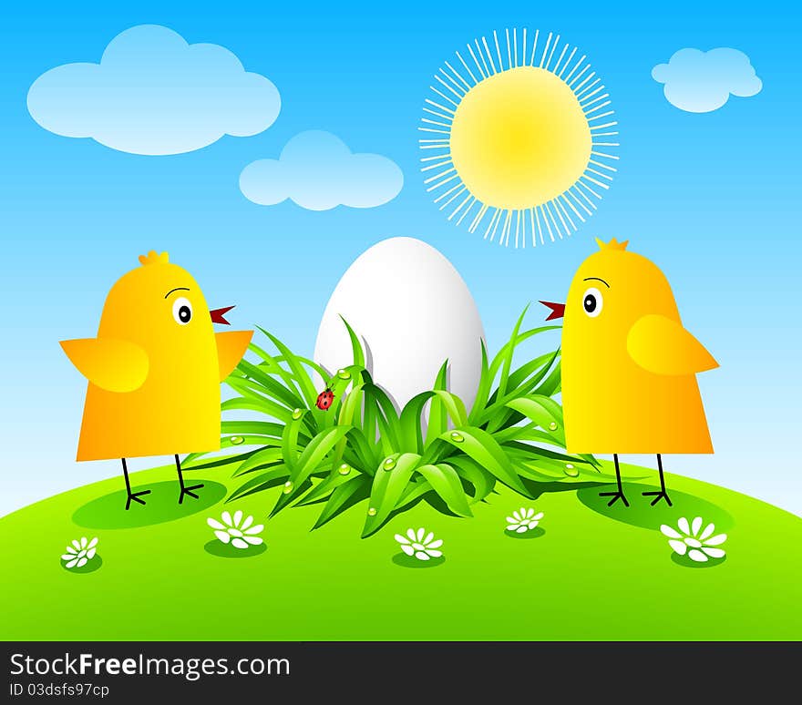 Chickens and egg on blue sky with clouds background. Chickens and egg on blue sky with clouds background.