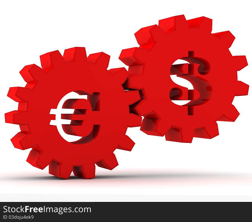 Red gears with a dollar and euro sign