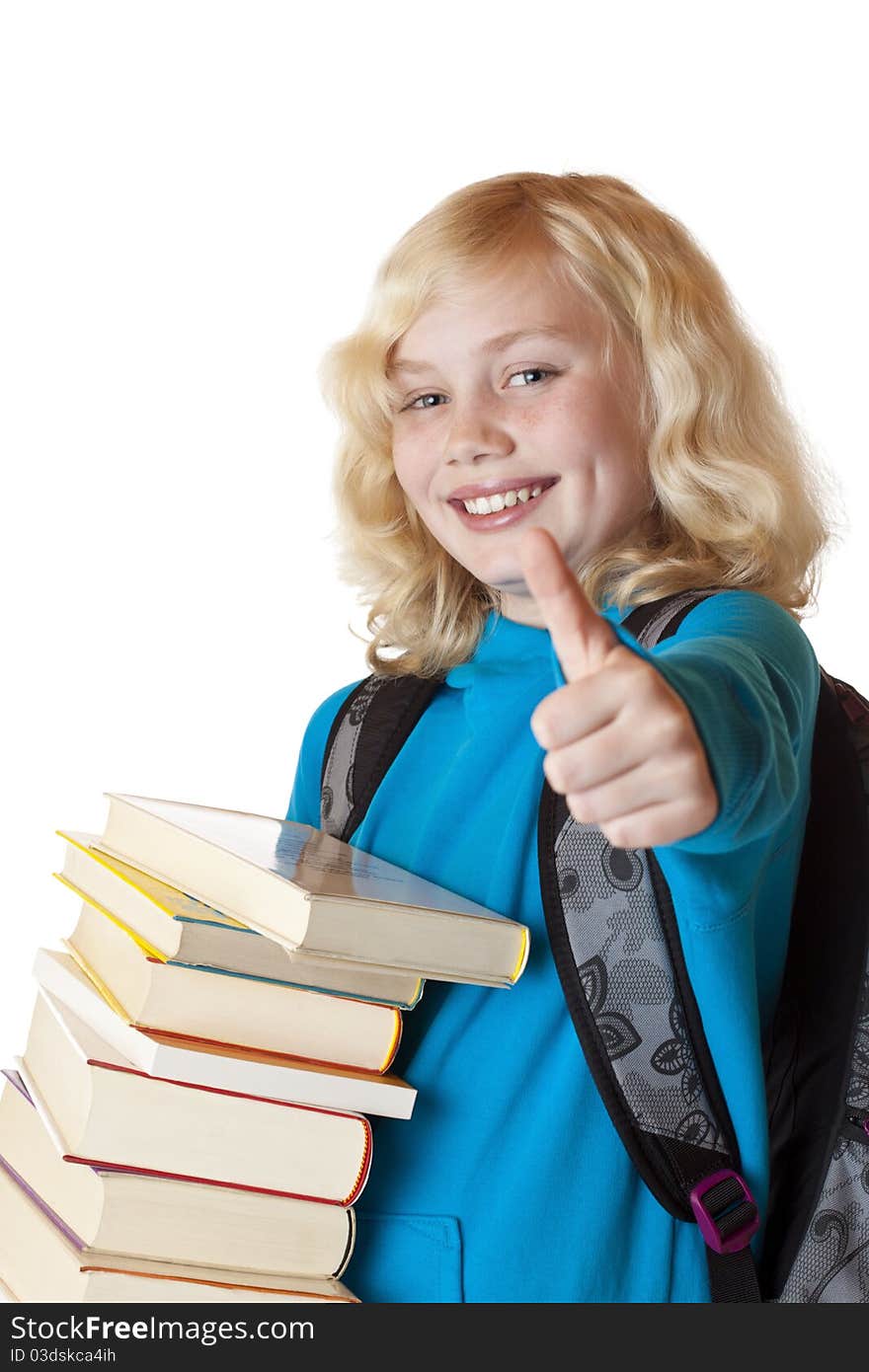 Blond, young and beautiful girl with books holds thumb up.Isolated on white background. Blond, young and beautiful girl with books holds thumb up.Isolated on white background.