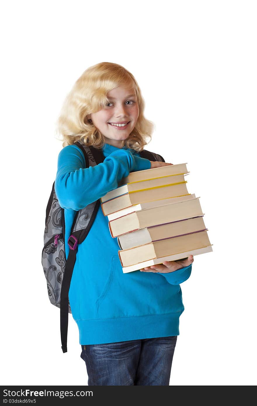 Blond and beautiful girl with backpack holds stack of books and smiles in camera.Iolated on white background. Blond and beautiful girl with backpack holds stack of books and smiles in camera.Iolated on white background.