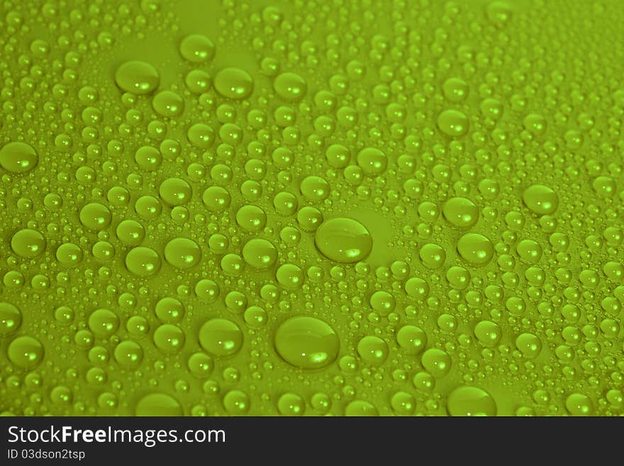 Water drops on green background