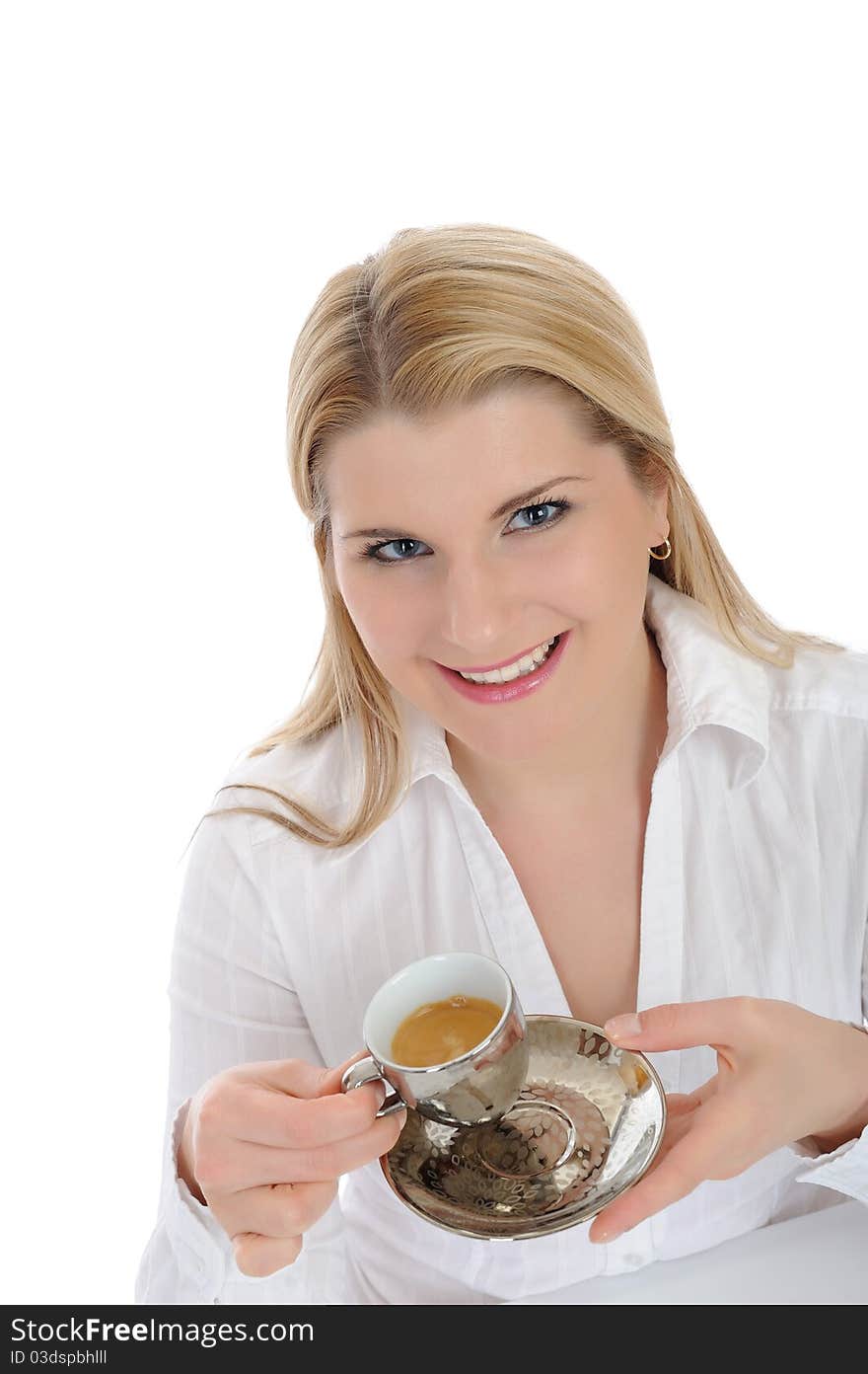 Pretty business woman drinking cup of coffee